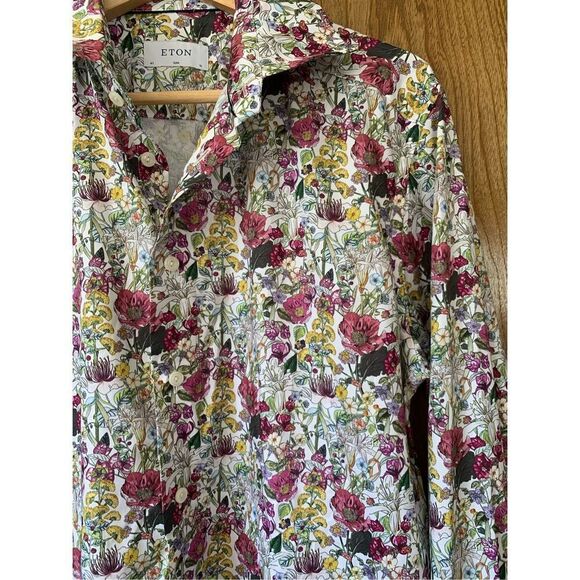 Eton Purple Floral Print Signature Twill Button Shirt‎ Size 16 Slim Fit - Picture 6 of 12